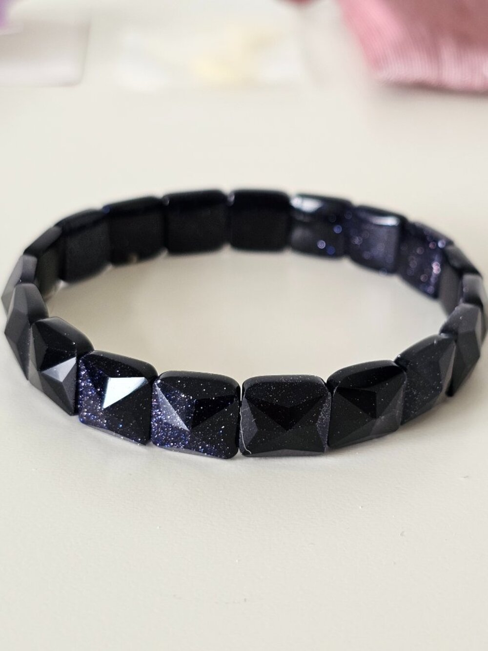 Vintage Deep Dark Purple Sparkle Sand Stone Bracelet w/ Pouch & Extra String